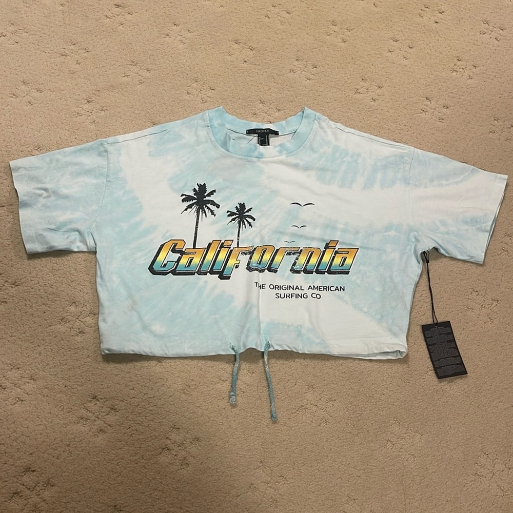 Forever 21 Cropped California Surfing 🏄‍♀️ T Shirt Drawstring Bottom Size M NWT